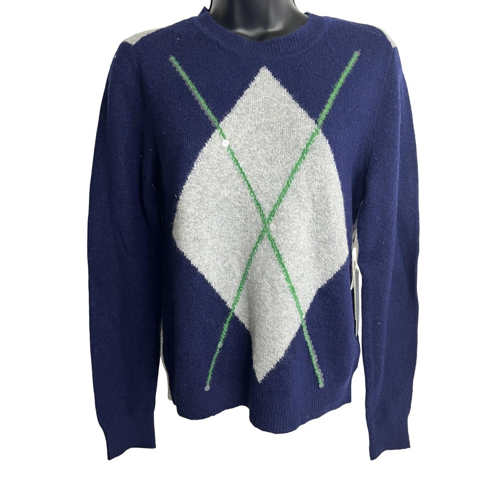 Court & Rowe Sweater Womens XS Blue Gray Argyle Crewneck Sequin Wool Alpaca Knit